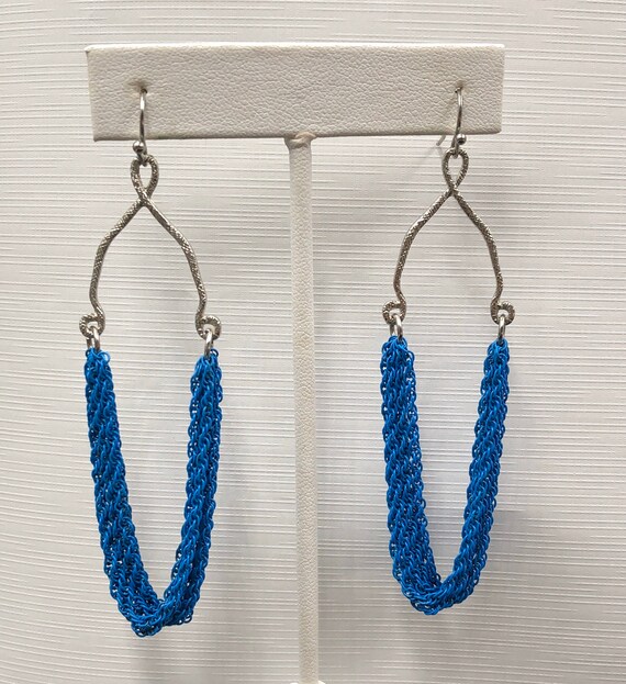 Silver Blue Chain Fringe Long Dangle Earrings, Pi… - image 4