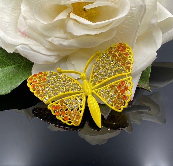 Vintage Kramer Yellow Butterfly Pin Yellow Enamel Orange Brown