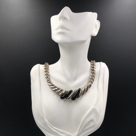 Silver Black Collar Necklace, Edgy Metal Curb Lin… - image 4