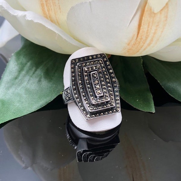 Marcasite Ring, Sterling Silver Ring, Statement Ring, Art Deco Revival, Rectangular Ring, Silver Marcasite Ring