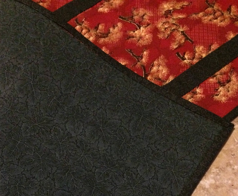 red quilted table runner bonzai tree table runner Asian inspired table runner hand-quilted table runner red and black table runner