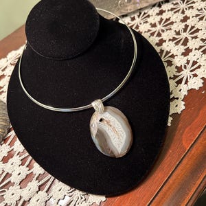 Druzy Agate Pendant Necklace, Gray Stone Choker, Platinum Brass Collar