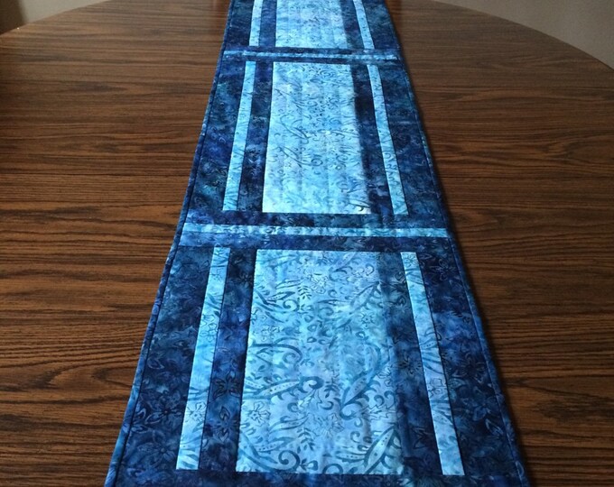 Blue Table Runner Blue Quilted Table Runner Blue Batik Table Etsy