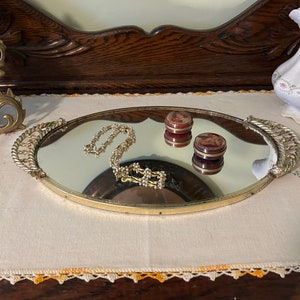 Oval vanity tray with vintage pearl necklace & Victorian pill tins, 1960s vanity tray with accessories, Victorian vanity tray, mirrored tray