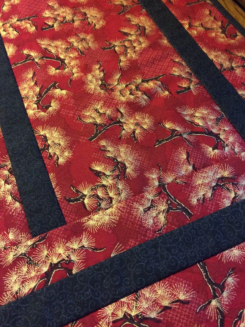red quilted table runner bonzai tree table runner Asian inspired table runner hand-quilted table runner red and black table runner