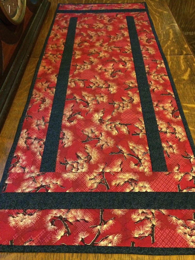 red quilted table runner bonzai tree table runner Asian inspired table runner hand-quilted table runner red and black table runner