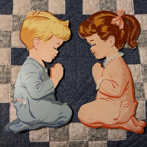 Praying boy and girl - pair of 1950s wall plaques, vintage nursery decor, baby shower gift, nursery wall hangings, religious baby gift