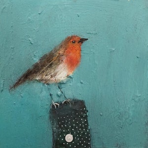 Little Red - Carte de Noël Robin - Peinture contemporaine d'oiseau - Design festif par l'artiste Lisa House.