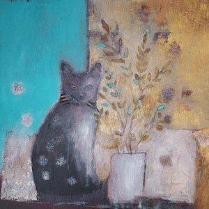 Vincent - Original Mixed Media Gemälde - Katze - Tierkunst - Zeitgenössisches Stillleben von Lisa House Artist