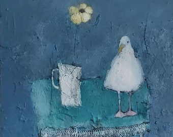 Wild Romance - Original Seagull Still Life Painting With Yellow Flower. Contemporary Style Art For Your Interior By Lisa House Artist.