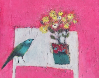 Make a Wish - Vibrant Pink Still Life Art - Limited Edition - Contemporary Flowers and Bird Painting By Lisa House Artist