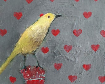 Romeo - Original Bird Art Painting With Printed  Love Hearts. Contemporary Textured Mixed Media Art Canvas By Lisa House Artist.