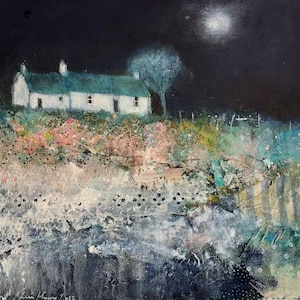 Sonho Sob a Lua - Cartão de Saudações. Paisagismo Contemporâneo com Casa de Campo e Árvore ao Luar. Por Lisa House Artist.