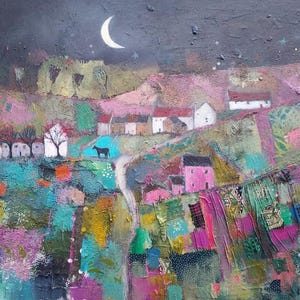 Stand By Me - Cartão de felicitações com paisagens coloridas de Yorkshire, com chalés e cavalo preto sob a lua - Cartões caprichosos de Lisa House