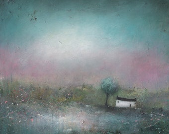 Daydream - Atmospheric Landscape Print - Contemporary Art With Cottage and Tree By Lisa House Artist