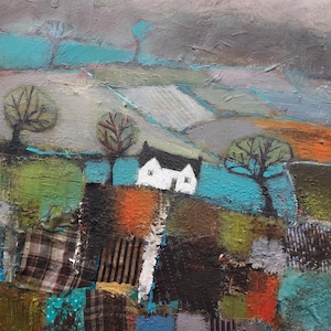 Meu sonho de campo - Cartão de felicitações com casa de campo e árvores por Lisa House Artist