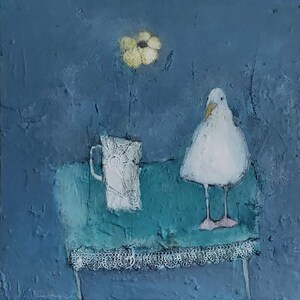Wild Romance - Cartão de saudação de arte de pássaro contemporâneo. Gaivota com flor amarela. Aniversário, aniversário, casamento, dia dos namorados, amor.