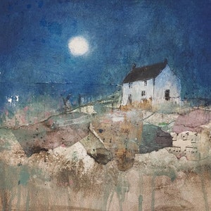 Original Mixed Media Painting On Paper. Cottage Beneath The Moon. Contemporary Art By Lisa House Artist.