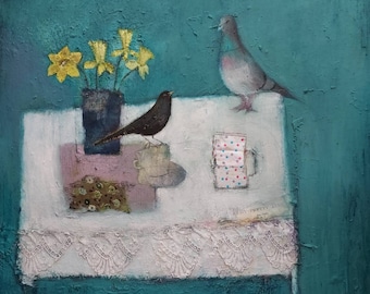 The Serenade  -  Contemporary Still Life Limited Edition Giclee Print. Bird & Floral Art. Pigeon, Blackbird, Daffodils By Lisa House Artist