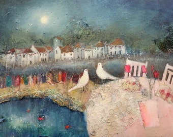 Romance in Mousehole - Cornwall. Limited Edition Giclee Print. Colourful, Coastal and Cornish. Harbour Scene By Lisa House Artist