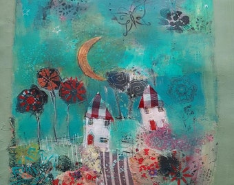 Magical Moon in Burano - Venice - Colourful Contemporary Mixed Media Art. Vibrant Whimsical Art 2024 By Lisa House Artist