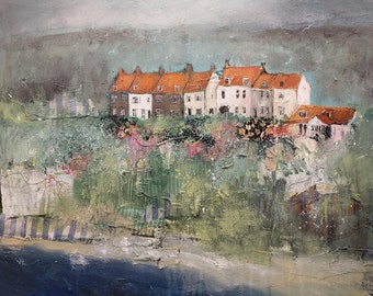 Old Whitby Town - Greeting Card - Historic Whitby Cottages - Yorkshire Coast Art Card by Lisa House Artist