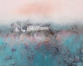 Days Of Spring - Original Atmospheric Contemporary Landscape Painting. Mixed Media On Canvas. Cottages - Trees. Textured Art By Lisa House