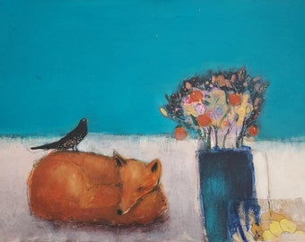 Wild Souls & Mandarins - Greeting Card With Fox - Flowers - Bird - Mandarins - Animal Art By Lisa House Artist
