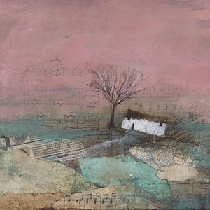 May include: A mixed media painting depicting a white cottage with a brown roof, a bare tree, and a pink sky. The background is a collage of sheet music and newspaper clippings.