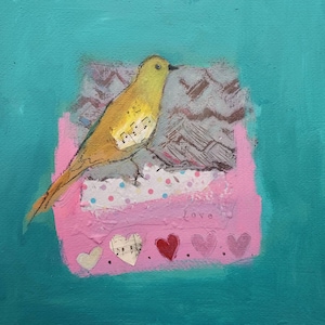Cartão de Arte de Pássaro de Amor - Design de Pássaro Amarelo Colorido - Corações de Amor - Dia dos Namorados, Casamento, Noivado, Aniversário.