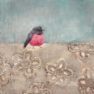 Pink Robin - Współczesna Karta Sztuki. Urodziny, Boże Narodzenie, Miłośnicy Ptaków. Fantazyjna i Dekoracyjna Sztuka Lisy House.