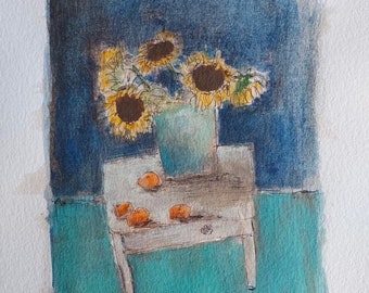 Watercolour Painting - Sunflowers With Mandarins - Small Contemporary Still Life Art For Homes By Lisa House Artist.