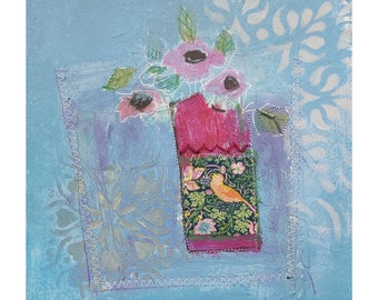 Songbird In Burano - Original Mixed Media Painting On Paper - Floral Still Life Art With Stitched Detail By Lisa House Artist.