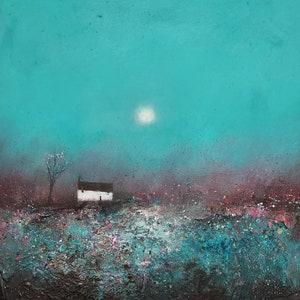 Céus de Ciano - Paisagem Contemporânea com Casa de Campo e Árvore - Cartão para todas as ocasiões por Lisa House.