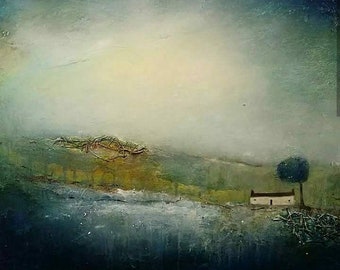 Contemporary Art Greeting Card - Shamrock Fell. Atmospheric Landscape with Cottage and Tree - By Northeast Artist Lisa House