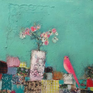 Apanhador de Sonhos - Pássaro Rosa Com Flores - Cartão de Saudação. Cartão de Arte Colorido Para Amantes de Pássaros. Design de Natureza Morta por Lisa House Artist.