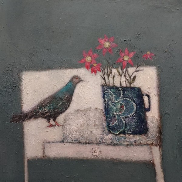 City Dove & Star Flowers - Greeting Card -Pigeon - Bird - Flowers  - Still Life Contemporary Art By Lisa House Artist