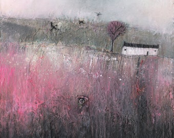 Fly Away Home - Original Contemporary Landscape Painting - Pink - Mixed Media Textured Art - Cottage - Tree - Birds By Lisa House Artist.