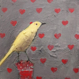 Romeo - Yellow Bird - Limited Edition Print With Red Love Hearts - Bird Painting - Valentines - Love. Bespoke Art By Lisa House Artist.