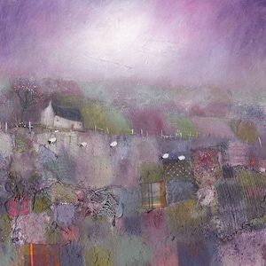 May include: A painting depicting a white farmhouse set against a purple sky, with a field of sheep in the foreground. The farmhouse is surrounded by trees and bushes, and the sky is filled with clouds. The painting is rendered in a soft, muted palette, creating a sense of peace and tranquility.