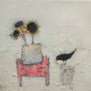 Wild And Curious - Contemporary Still Life Print With Blackbird & Sunflowers By Lisa House Artist