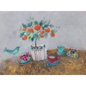 Festa do Chá Veneziana - Cartão de Saudação Natureza Morta. Pássaro Azul, Xícaras de Chá, Laranjeira. Cartões de Arte Para Todas as Ocasiões