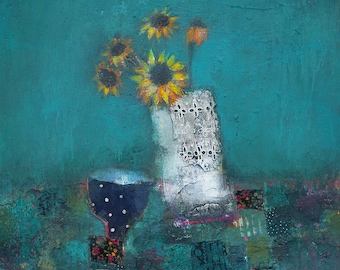 Follow The Sun - Vibrant Sunflower Greeting Card. Colourful & Contemporary Floral Still Life Design By Lisa House Artist.
