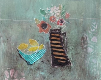 Lemons in Burano - Original Mixed Media Painting On Paper. Conemporary Still Life, Floral Art. By Lisa House Artist.
