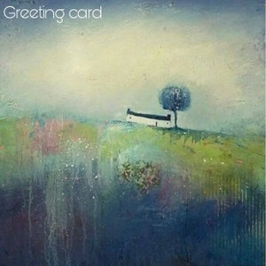 Cartão de arte paisagística contemporânea - Indigo Moon - Cottage com árvore da artista do nordeste Lisa House