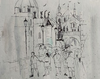 Summer Rain Over Charles Bridge - Prague - Original Pen sketch By Lisa House Artist.