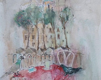 Tea In Prague - Original Mixed Media Sketch/Painting On Paper. Architecture, Trees, Birds. Contemporary Art By Lisa House Artist.