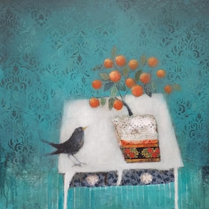 Laranjeira Veneziana - Natureza Morta Design Com Laranjeira E Melro. Cartões Decorativos De Arte Caprichosa Por Lisa House Artist