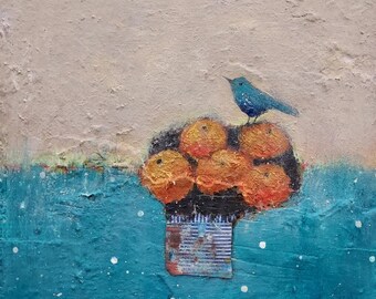 Little Blue & Mandarins - Blue bird - Contemporary Art print - By Lisa House Artist