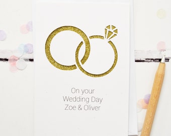 Personalised Wedding Rings Glitter Wedding & Anniversary Cut Out Card